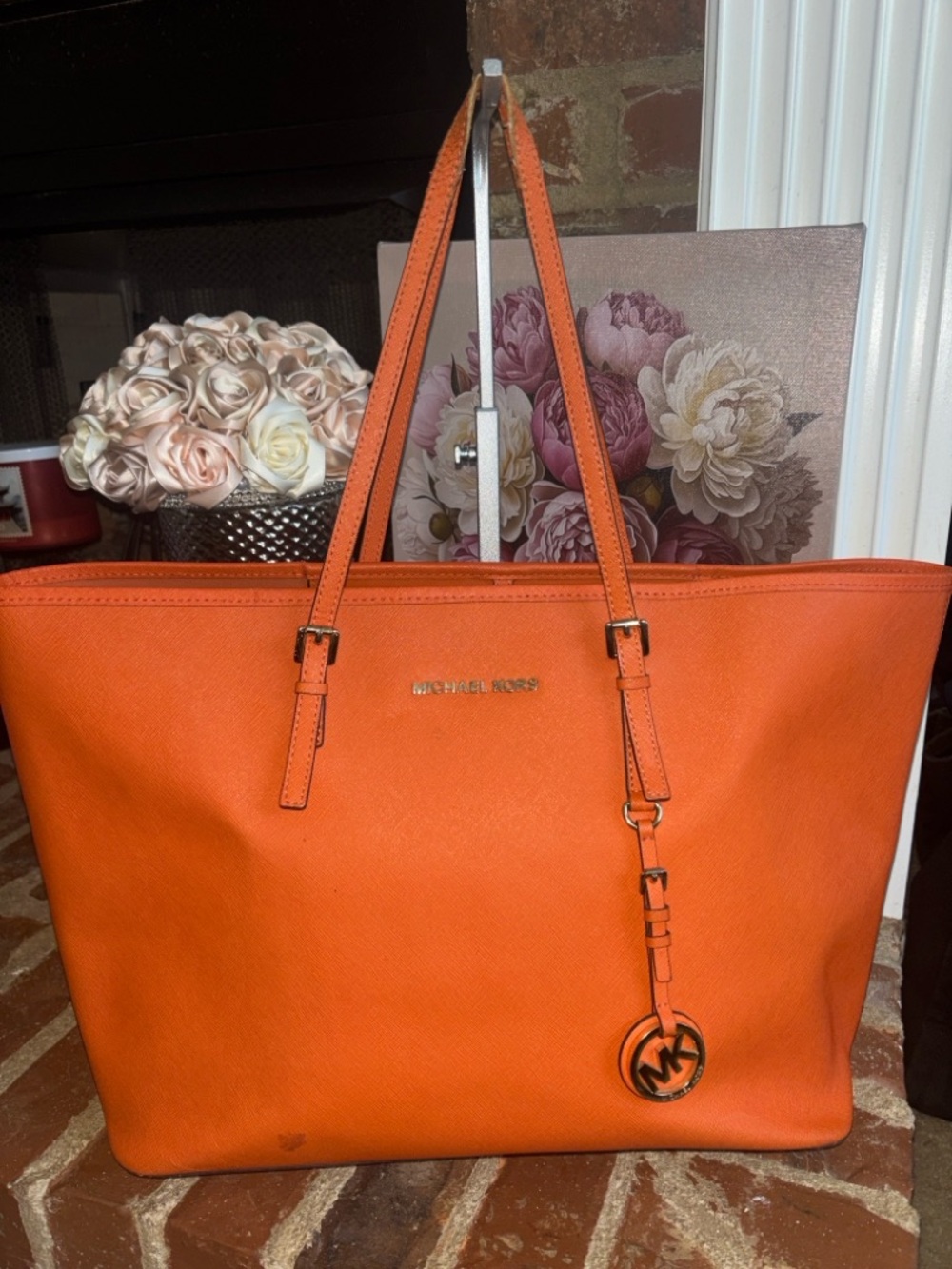 Michael Kors Orange Saffiano Leather Tote with MK Charm